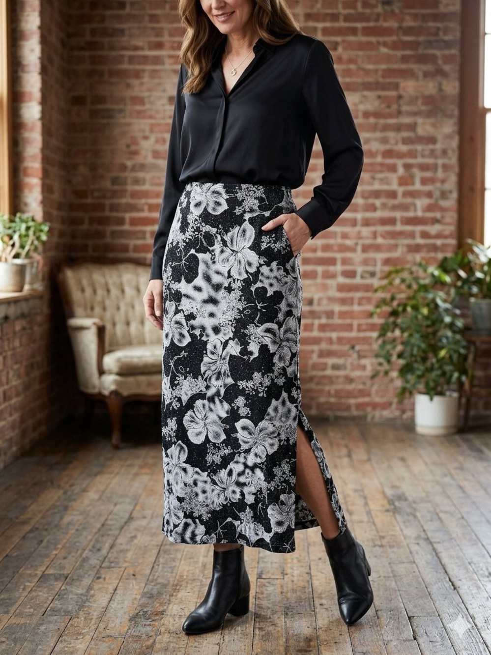 Rare Vintage Shelli Leah Whimsigoth Punk Dark Floral Glitter Maxi Skirt